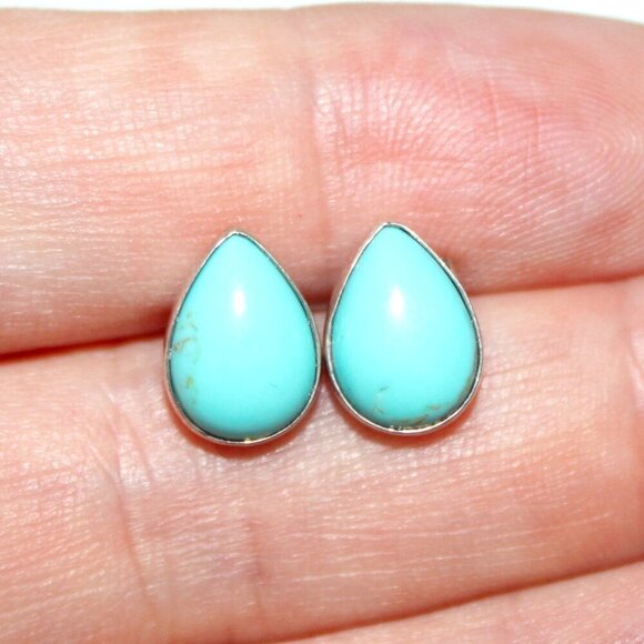 Sterling Silver Tear Drop Faux Turquoise Stud Earrings - Picture 3 of 3